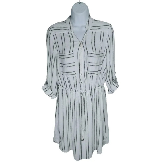 Dynamite Striped Shirt Dress, Drawstring, White/Tan/Black,  S - Picture 1 of 10